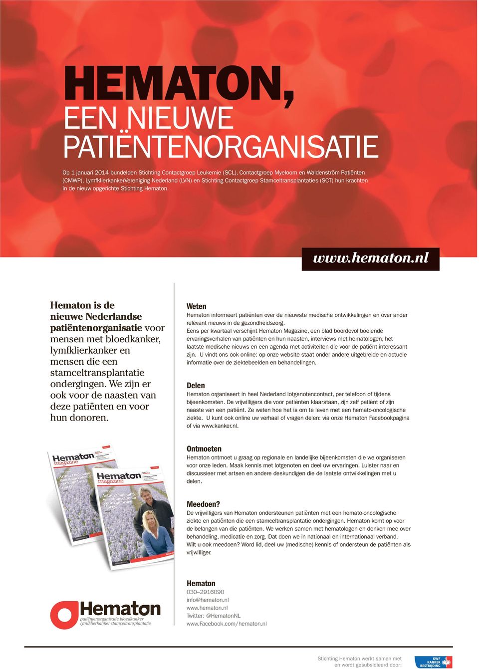 nl Hematon is de nieuwe Nederlandse patiëntenorganisatie voor mensen met bloedkanker, lymfklierkanker en mensen die een stamceltransplantatie ondergingen.