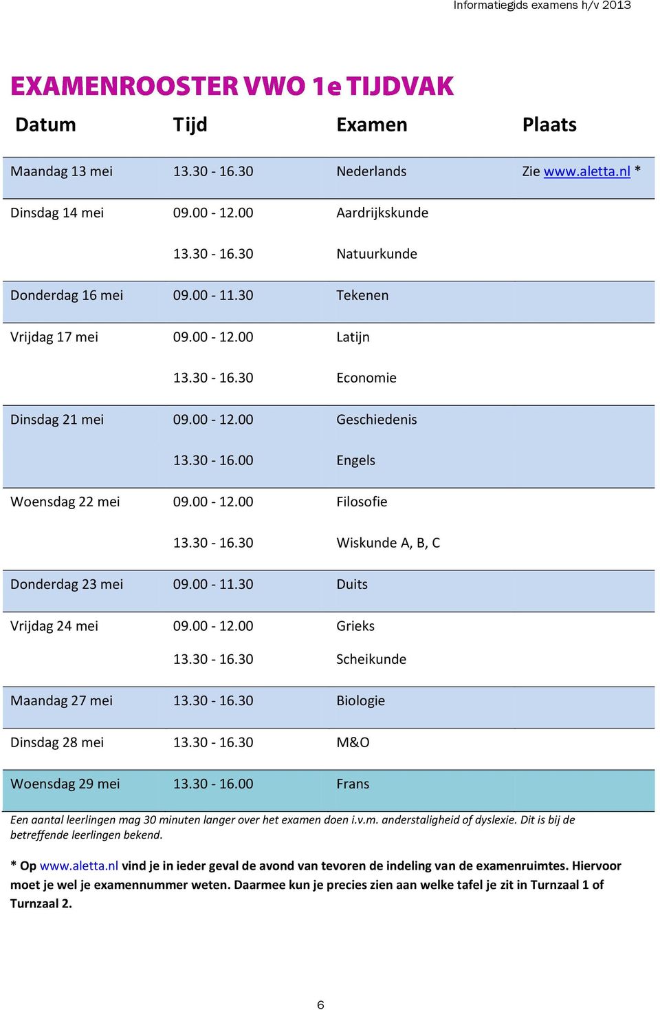 00-11.30 Duits Vrijdag 24 mei 09.00-12.00 13.30-16.30 Grieks Scheikunde Maandag 27 mei 13.30-16.30 Biologie Dinsdag 28 mei 13.30-16.30 M&O Woensdag 29 mei 13.30-16.00 Frans Een aantal leerlingen mag 30 minuten langer over het examen doen i.