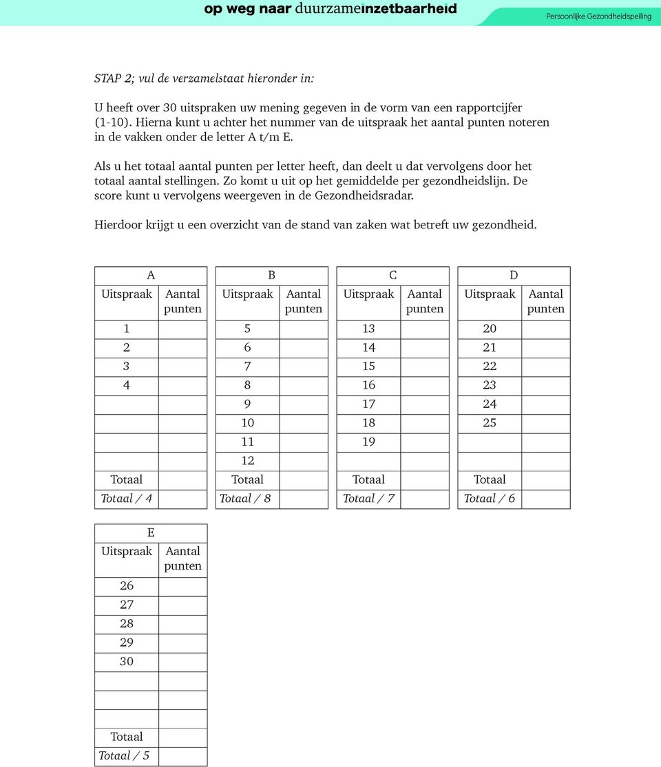 Als u het totaal aantal per letter heeft, dan deelt u dat vervolgens door het totaal aantal stellingen. Zo komt u uit op het gemiddelde per gezondheidslijn.