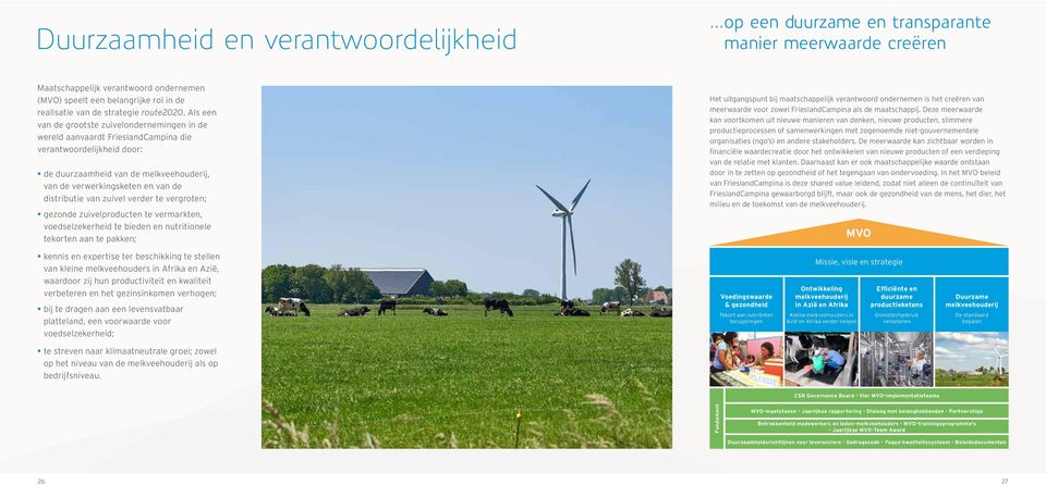 Als een van de grootste zuivelondernemingen in de wereld aanvaardt FrieslandCampina die verantwoordelijkheid door: de duurzaamheid van de melkveehouderij, van de verwerkingsketen en van de