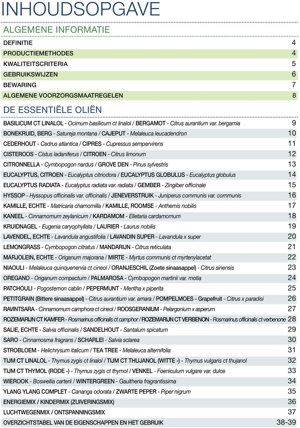 bergamia 9 BONEKRUID, BERG - Satureja montana / CAJEPUT - Melaleuca leucadendron 10 CEDERHOUT - Cedrus atlantica / CIPRES - Cupressus sempervirens 11 CISTEROOS - Cistus ladaniferus / CITROEN - Citrus