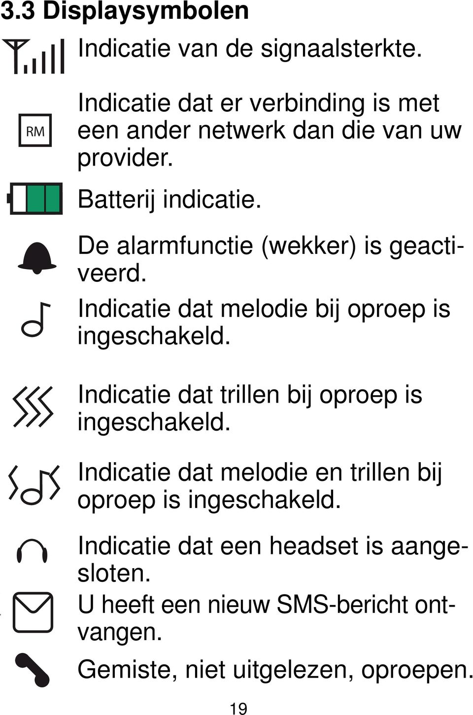 De alarmfunctie (wekker) is geactiveerd. Indicatie dat melodie bij oproep is ingeschakeld.