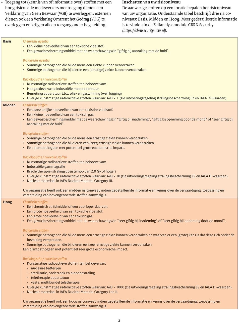 Onderstaande tabel beschrijft drie risiconiveaus: Basis, Midden en Hoog. Meer gedetailleerde informatie is te vinden in de Zelfanalysemodule CBRN Security (https://cbrnsecurity.nctv.nl).