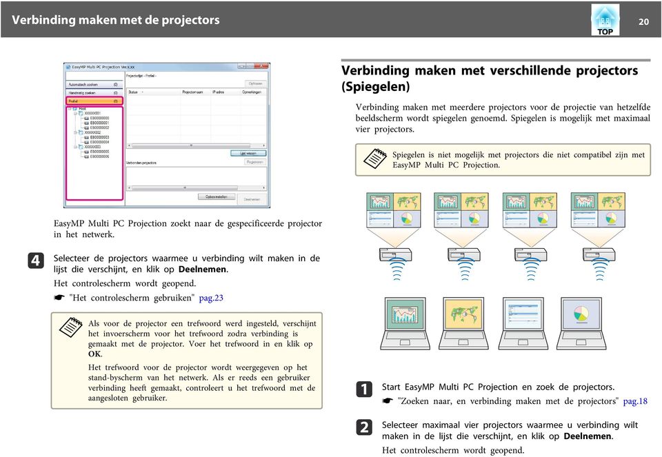 EsyMP Multi PC Projection zoekt nr de gespecificeerde projector in het netwerk. d Selecteer de projectors wrmee u verbinding wilt mken in de lijst die verschijnt, en klik op Deelnemen.