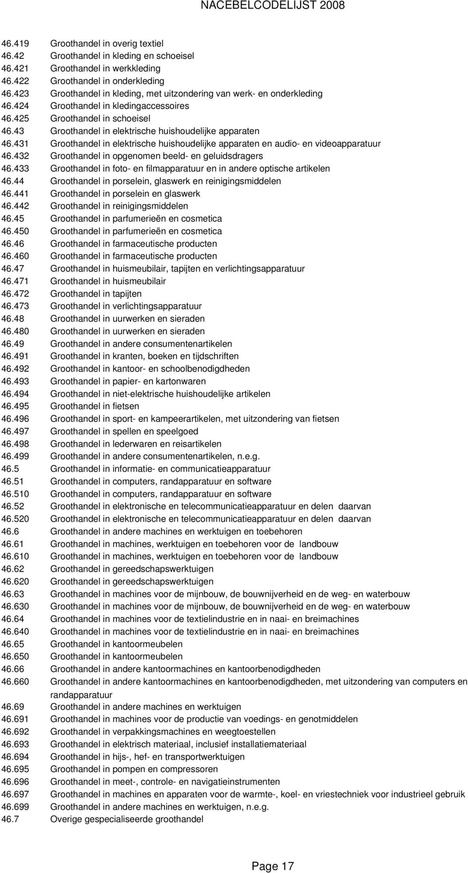 43 Groothandel in elektrische huishoudelijke apparaten 46.431 Groothandel in elektrische huishoudelijke apparaten en audio- en videoapparatuur 46.