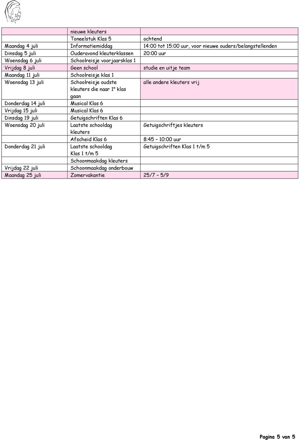 klas gaan Donderdag 14 juli Musical Klas 6 Vrijdag 15 juli Musical Klas 6 Dinsdag 19 juli Getuigschriften Klas 6 Woensdag 20 juli Laatste schooldag Getuigschriftjes kleuters kleuters Afscheid Klas 6