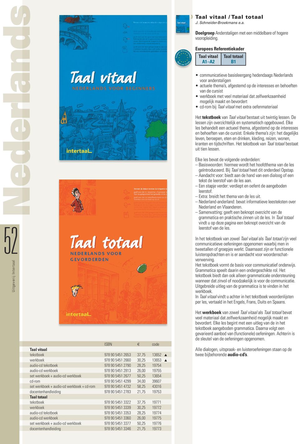 werkboek met veel materiaal dat zelfwerkzaamheid mogelijk maakt en bevordert cd-rom bij Taal vitaal met extra oefenmateriaal Het tekstboek van Taal vitaal bestaat uit twintig lessen.
