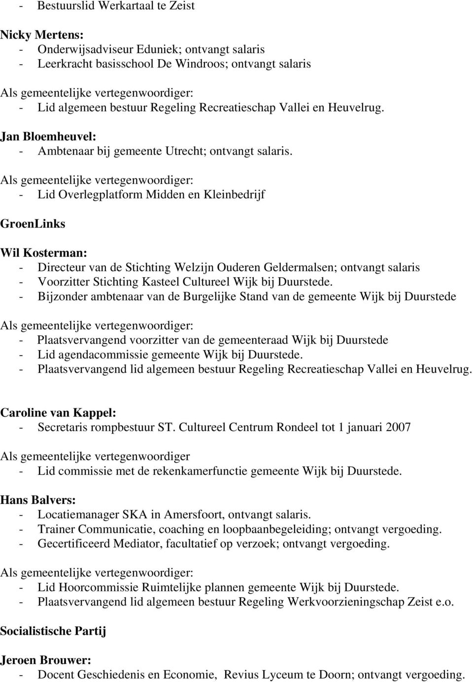 - Lid Overlegplatform Midden en Kleinbedrijf GroenLinks Wil Kosterman: - Directeur van de Stichting Welzijn Ouderen Geldermalsen; ontvangt salaris - Voorzitter Stichting Kasteel Cultureel Wijk bij