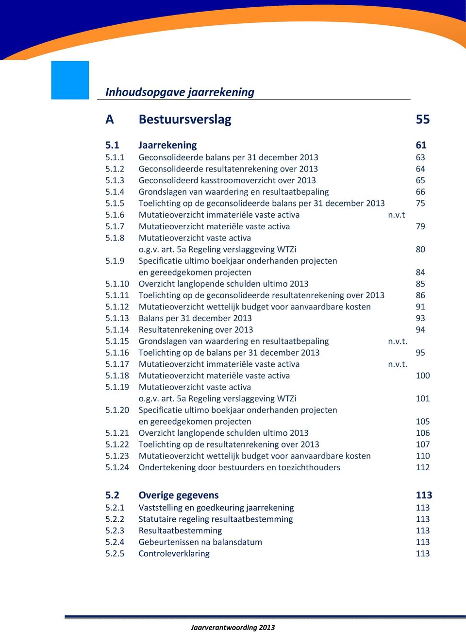 1.8 Mutatieoverzicht vaste activa o.g.v. art. 5a Regeling verslaggeving WTZi 80 5.1.9 Specificatie ultimo boekjaar onderhanden projecten en gereedgekomen projecten 84 5.1.10 Overzicht langlopende schulden ultimo 2013 85 5.