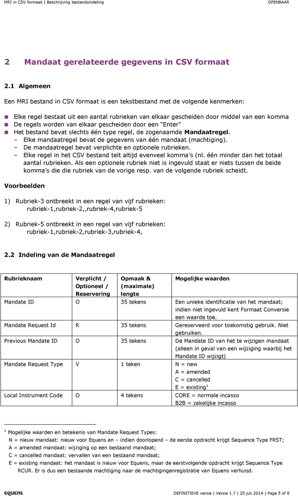 van elkaar gescheiden door een Enter Het bestand bevat slechts één type regel, de zogenaamde Mandaatregel. Elke mandaatregel bevat de gegevens van één mandaat (machtiging).