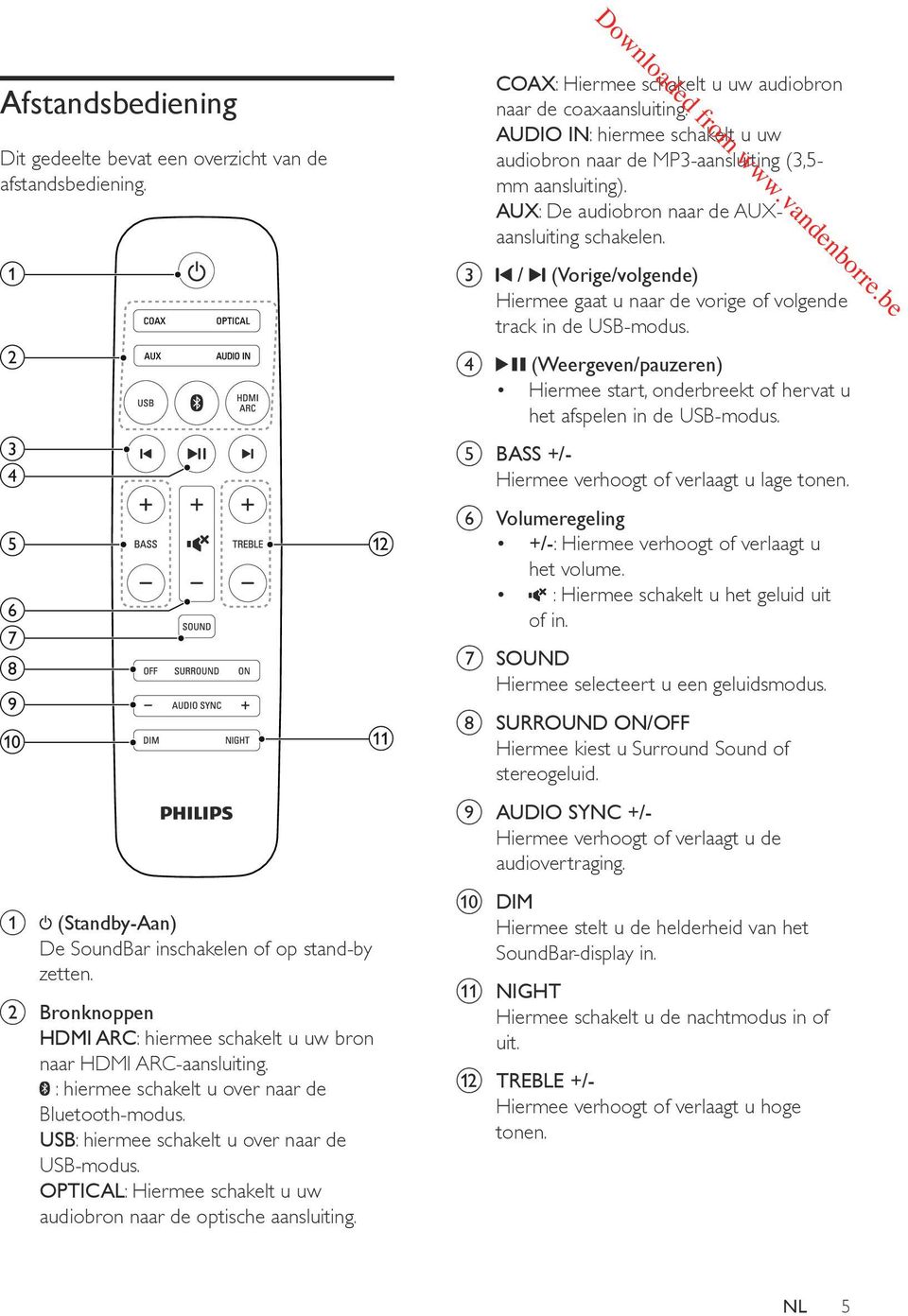 OPTICAL: Hiermee schakelt u uw audiobron naar de optische aansluiting. l k COAX: Hiermee schakelt u uw audiobron naar de coaxaansluiting.