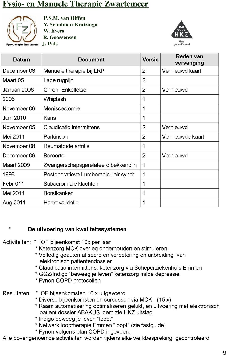 artritis 1 December 06 Beroerte 2 Vernieuwd Maart 2009 Zwangerschapsgerelateerd bekkenpijn 1 1998 Postoperatieve Lumboradiculair syndr 1 Febr 011 Subacromiale klachten 1 Mei 2011 Borstkanker 1 Aug