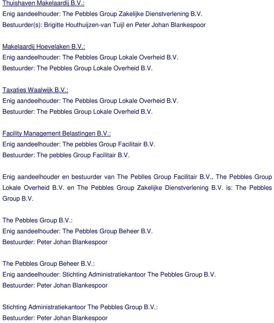 V. Bestuurder: The pebbles Group Facilitair B.V. Enig aandeelhouder en bestuurder van The Peblles Group Facilitair B.V., The Pebbles Group Lokale Overheid B.V. en The Pebbles Group Zakelijke Dienstverlening B.