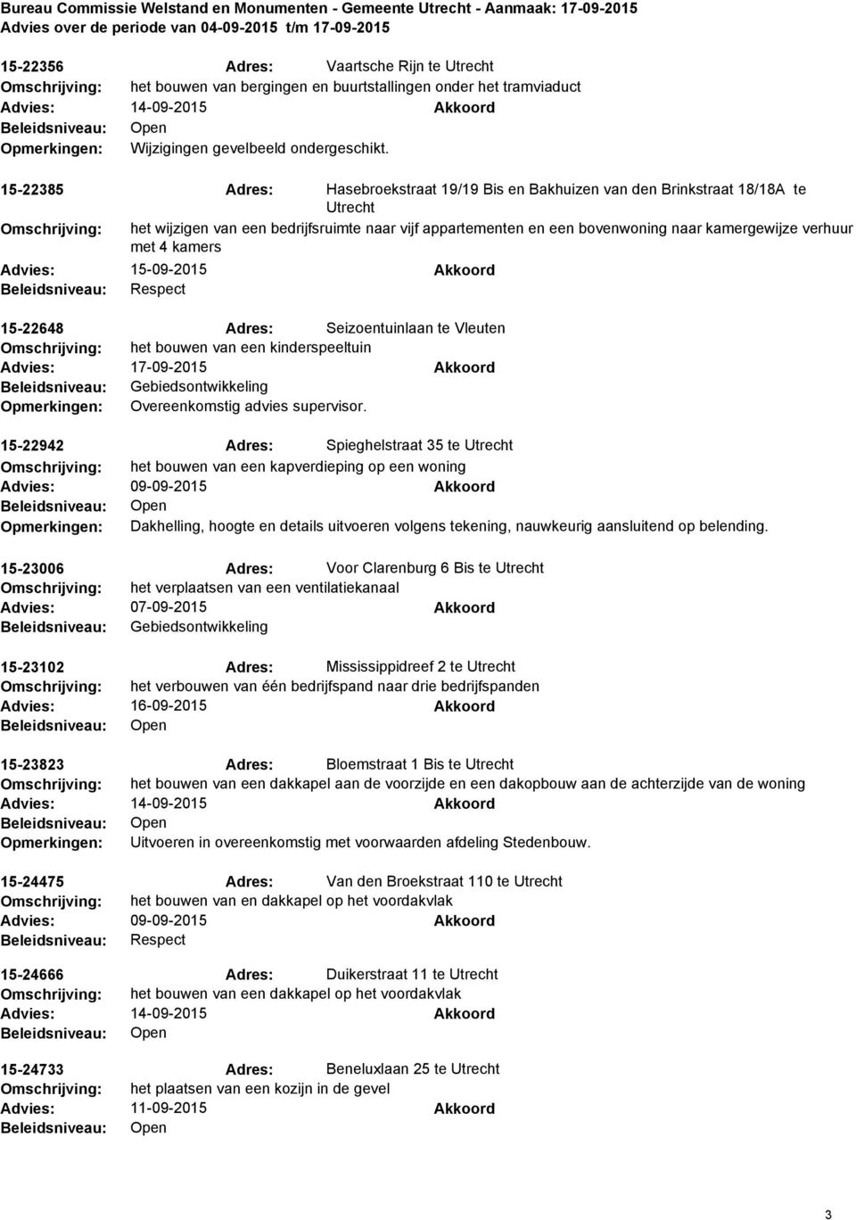 met 4 kamers 15-09-2015 Akkoord 15-22648 Adres: Seizoentuinlaan te Vleuten het bouwen van een kinderspeeltuin 17-09-2015 Akkoord 15-22942 Adres: Spieghelstraat 35 te Utrecht het bouwen van een