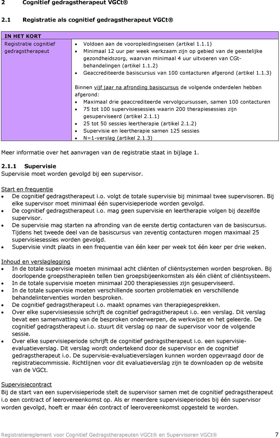 vervolgcursussen, samen 100 contacturen 75 tot 100 supervisiesessies waarin 200 therapiesessies zijn gesuperviseerd (artikel 2.1.1) 25 tot 50 sessies leertherapie (artikel 2.1.2) Supervisie en leertherapie samen 125 sessies N=1-verslag (artikel 2.