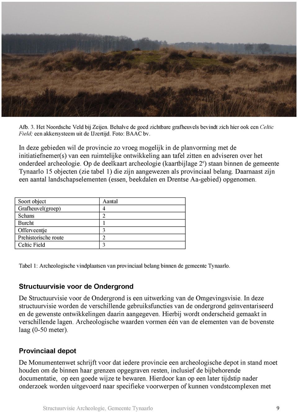 Op de deelkaart archeologie (kaartbijlage 2e) staan binnen de gemeente Tynaarlo 15 objecten (zie tabel 1) die zijn aangewezen als provinciaal belang.