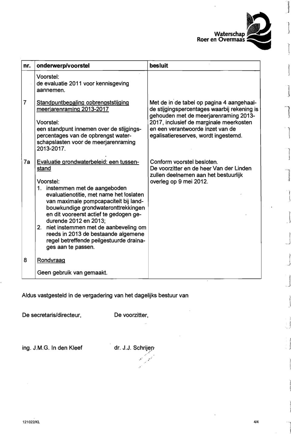 inlusief de marginale meerkosten een standpunt innemen over de stijgings en een verantwoorde inzet van de perentages van de opbrengst water egalisatiereserves, wordt ingestemd.