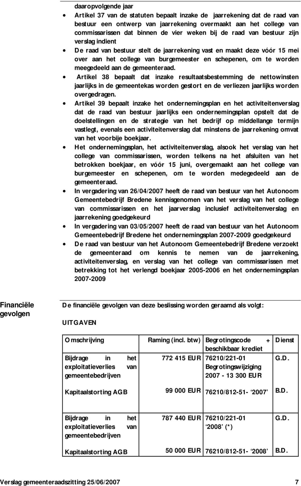 aan de gemeenteraad. Artikel 38 bepaalt dat inzake resultaatsbestemming de nettowinsten jaarlijks in de gemeentekas worden gestort en de verliezen jaarlijks worden overgedragen.