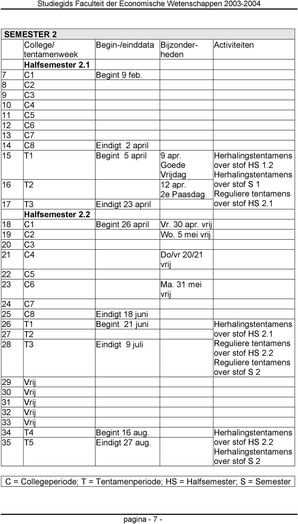 vrij 19 C2 Wo. 5 mei vrij 20 C3 21 C4 Do/vr 20/21 vrij 22 C5 23 C6 Ma.