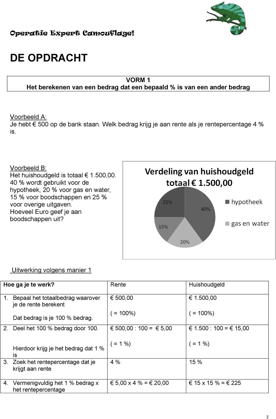 Hoeveel Euro geef je aan boodschappen uit? Uitwerking volgens manier 1 Hoe ga je te werk? Rente Huishoudgeld 1. Bepaal het totaalbedrag waarover je de rente berekent Dat bedrag is je 100 % bedrag. 2.