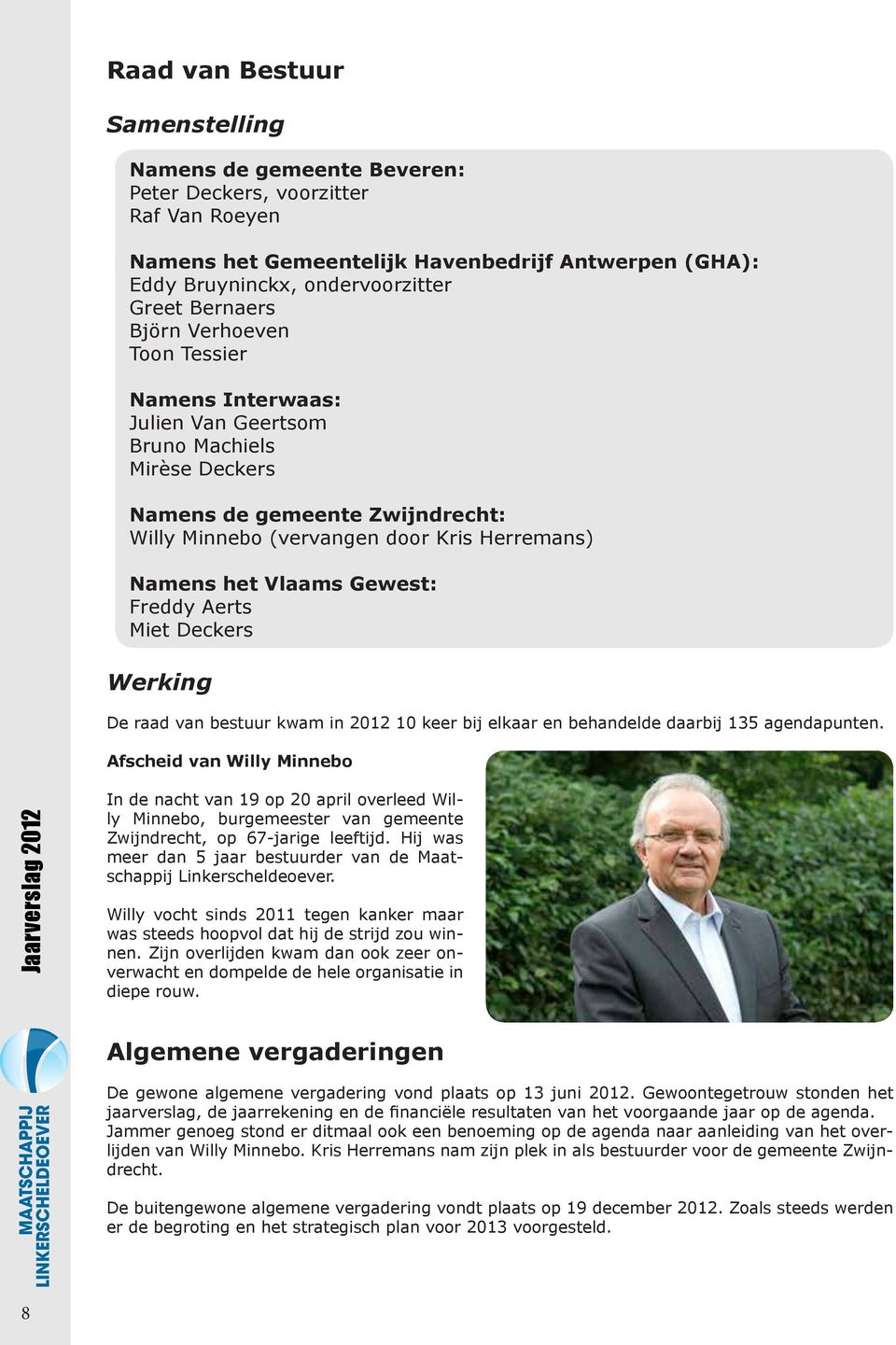 Vlaams Gewest: Freddy Aerts Miet Deckers Werking De raad van bestuur kwam in 2012 10 keer bij elkaar en behandelde daarbij 135 agendapunten.