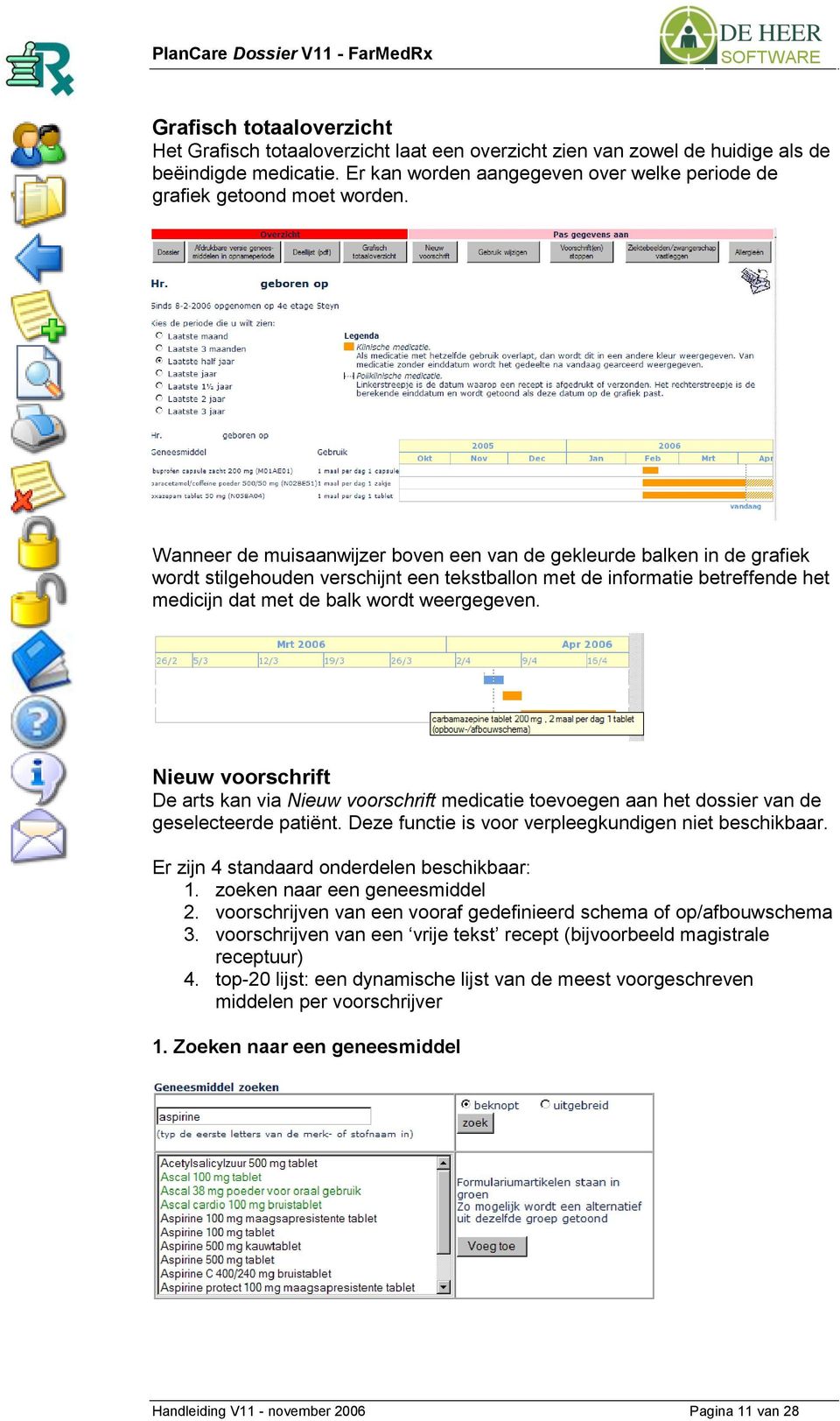 Wanneer de muisaanwijzer boven een van de gekleurde balken in de grafiek wordt stilgehouden verschijnt een tekstballon met de informatie betreffende het medicijn dat met de balk wordt weergegeven.