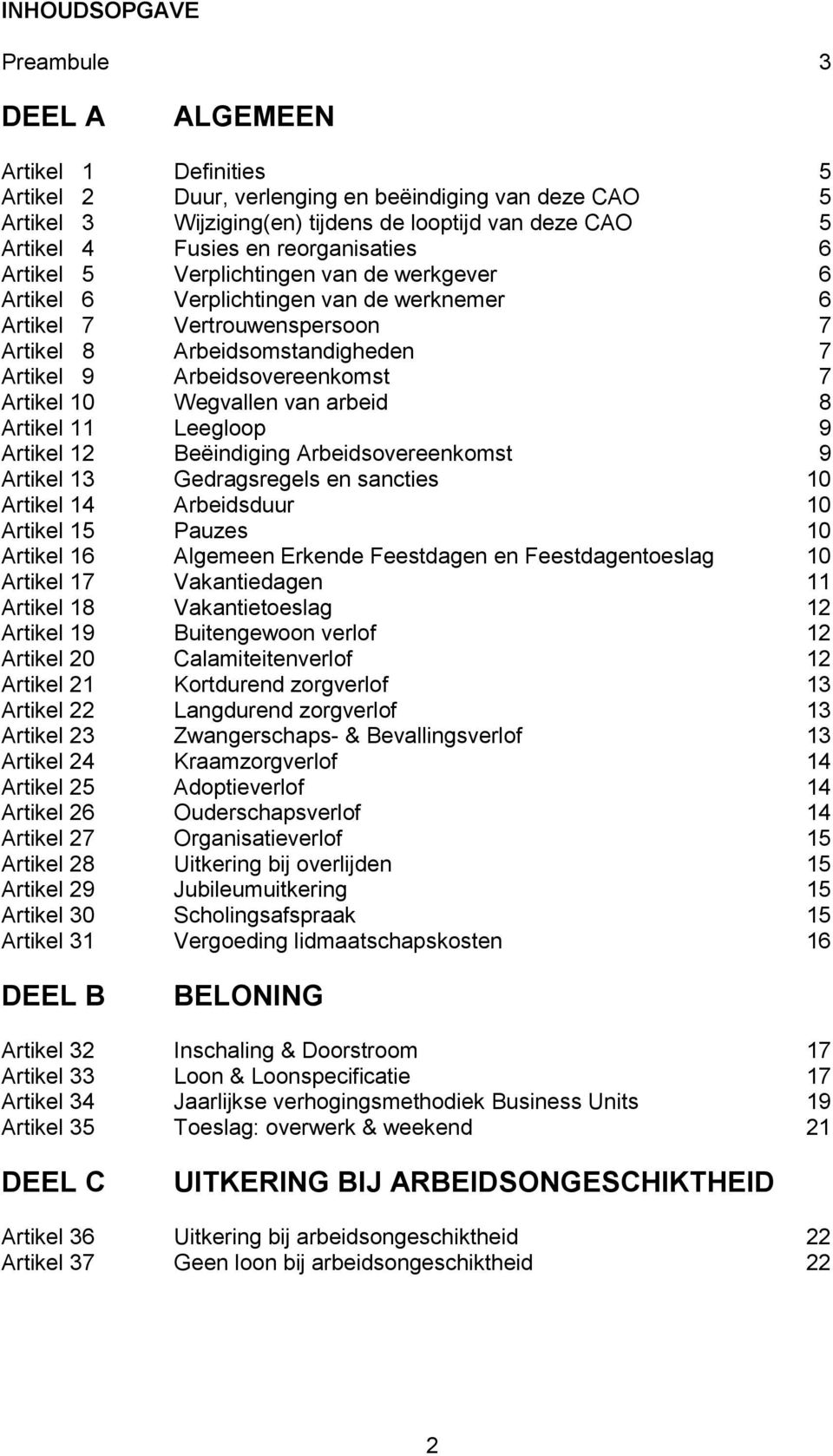 Arbeidsovereenkomst 7 Artikel 10 Wegvallen van arbeid 8 Artikel 11 Leegloop 9 Artikel 12 Beëindiging Arbeidsovereenkomst 9 Artikel 13 Gedragsregels en sancties 10 Artikel 14 Arbeidsduur 10 Artikel 15