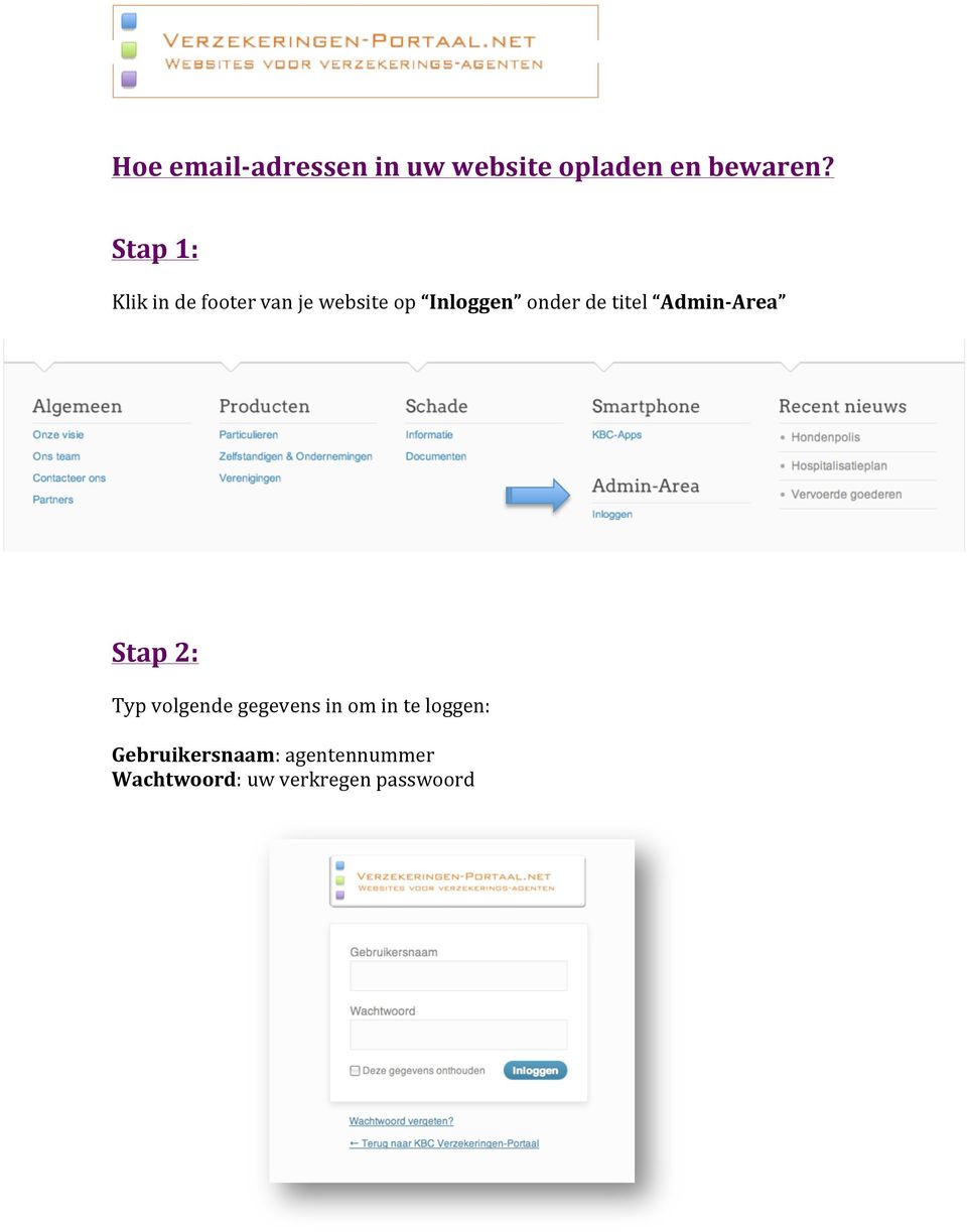 titel Admin- Area Stap 2: Typ volgende gegevens in om in te