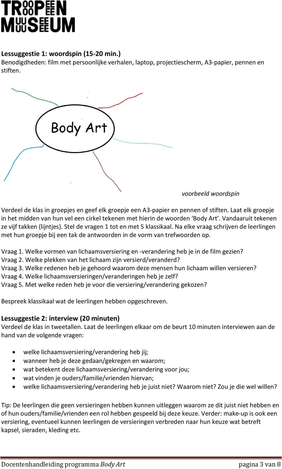 Vandaaruit tekenen ze vijf takken (lijntjes). Stel de vragen 1 tot en met 5 klassikaal. Na elke vraag schrijven de leerlingen met hun groepje bij een tak de antwoorden in de vorm van trefwoorden op.