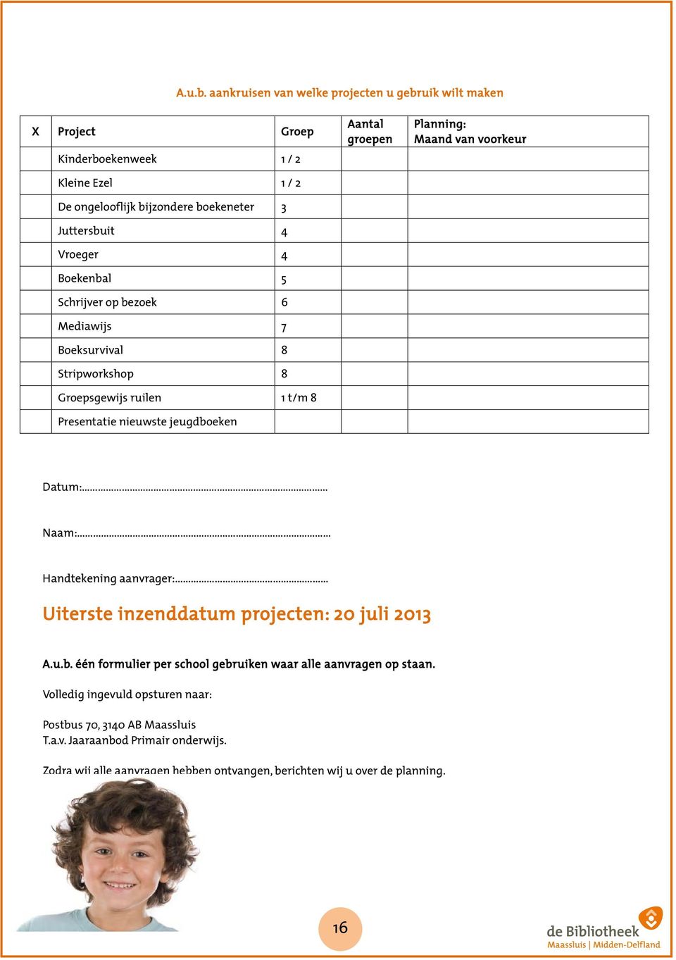 Boekenbal 5 Schrijver op bezoek 6 Mediawijs 7 Boeksurvival 8 Stripworkshop 8 Groepsgewijs ruilen 1 t/m 8 Presentatie nieuwste jeugdboeken Aantal groepen Planning: Maand van