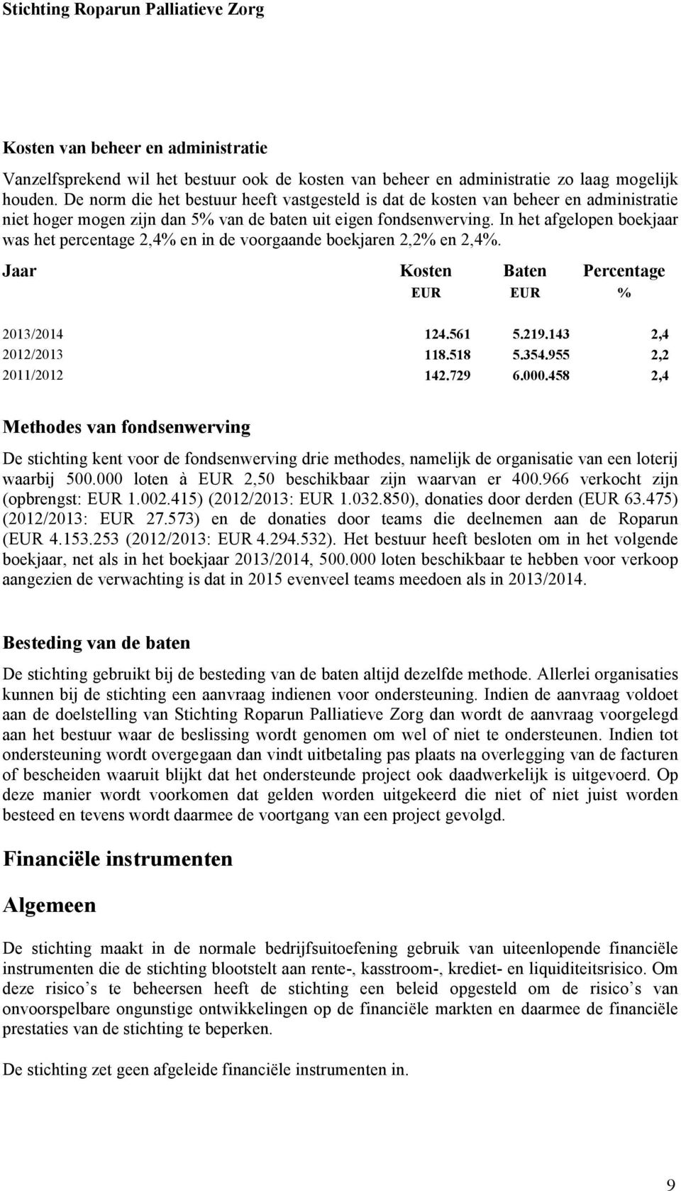 In het afgelopen boekjaar was het percentage 2,4% en in de voorgaande boekjaren 2,2% en 2,4%. Jaar Kosten Baten Percentage % 2013/2014 124.561 5.219.143 2,4 2012/2013 118.518 5.354.