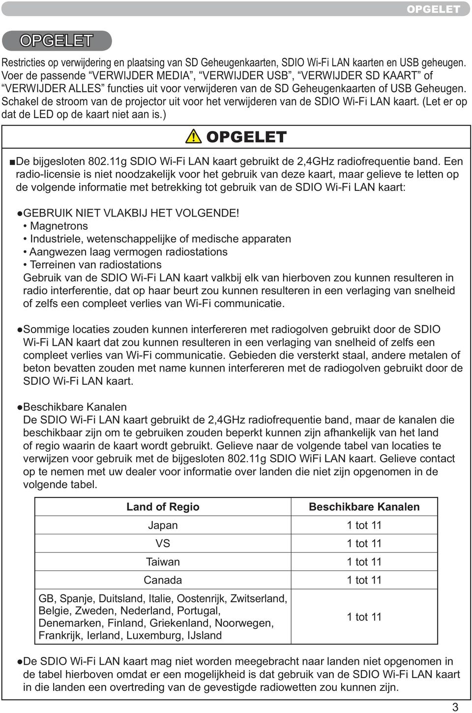 Schakel de stroom van de projector uit voor het verwijderen van de SDIO Wi-Fi LAN kaart. (Let er op dat de LED op de kaart niet aan is.