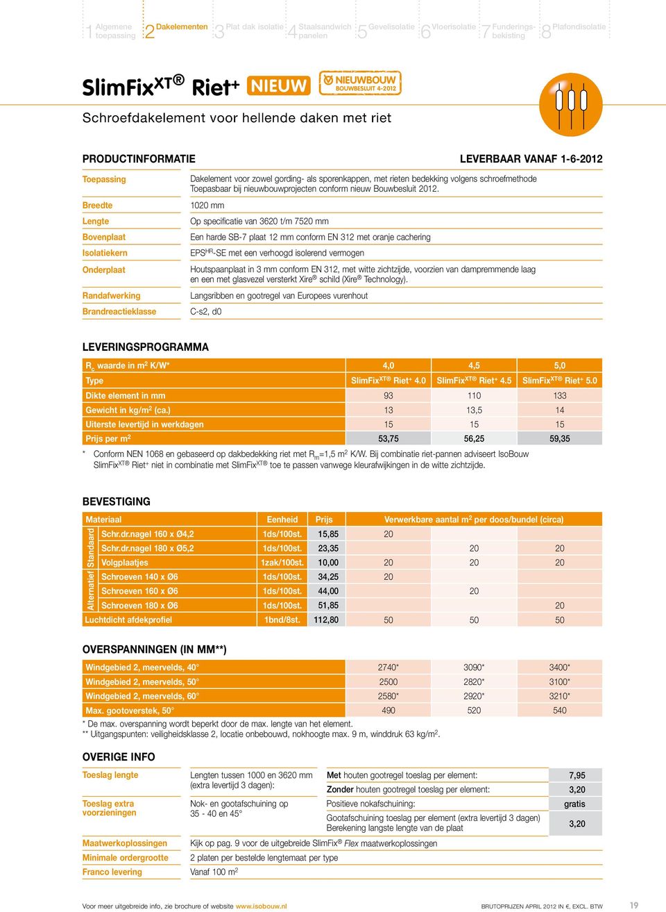 2012. 1020 mm Op specificatie van 3620 t/m 7520 mm Een harde SB-7 plaat 12 mm conform EN 312 met oranje cachering EPS HR -SE met een verhoogd isolerend vermogen Houtspaanplaat in 3 mm conform EN 312,