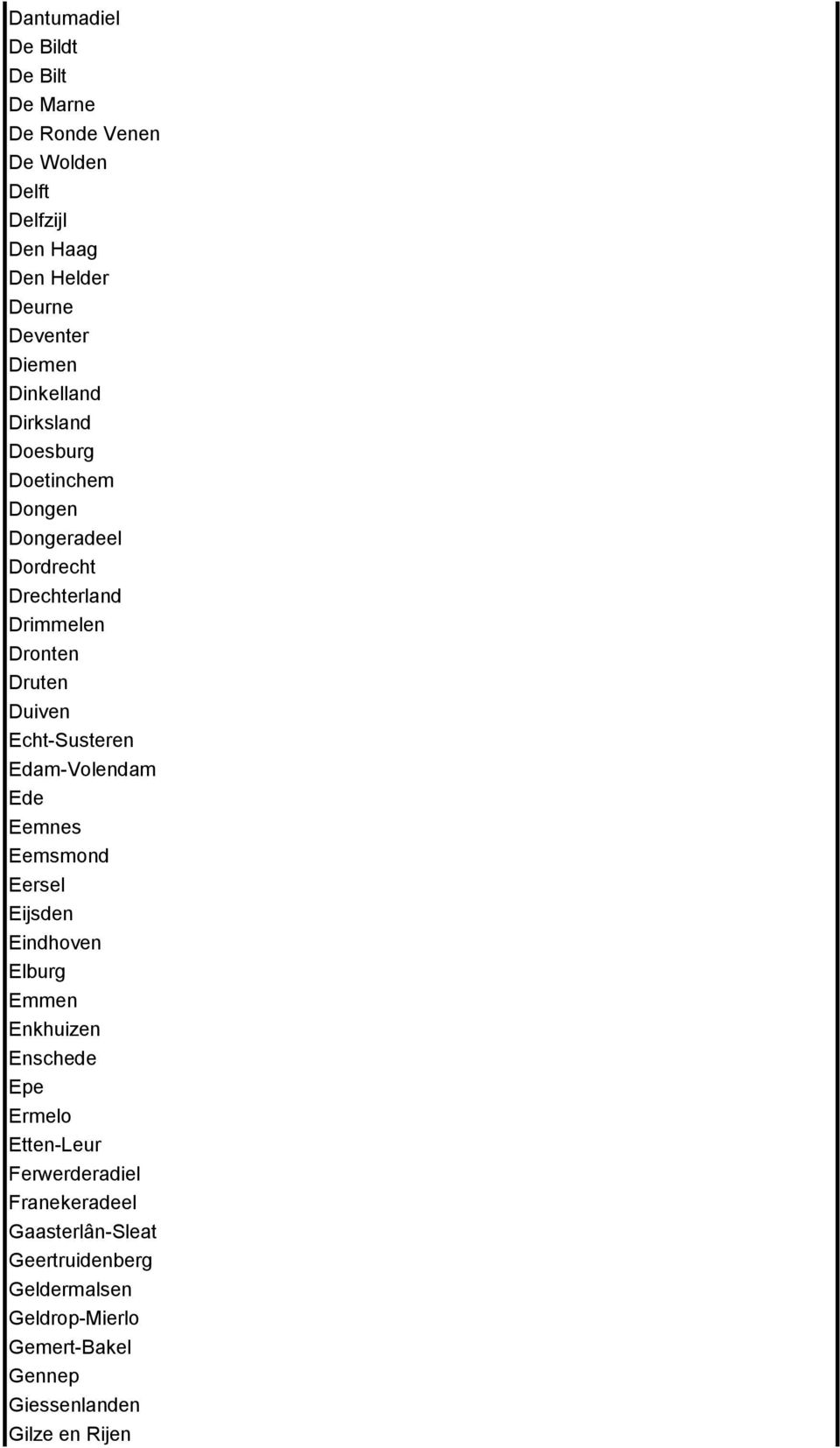 Echt-Susteren Edam-Volendam Ede Eemnes Eemsmond Eersel Eijsden Eindhoven Elburg Emmen Enkhuizen Enschede Epe Ermelo