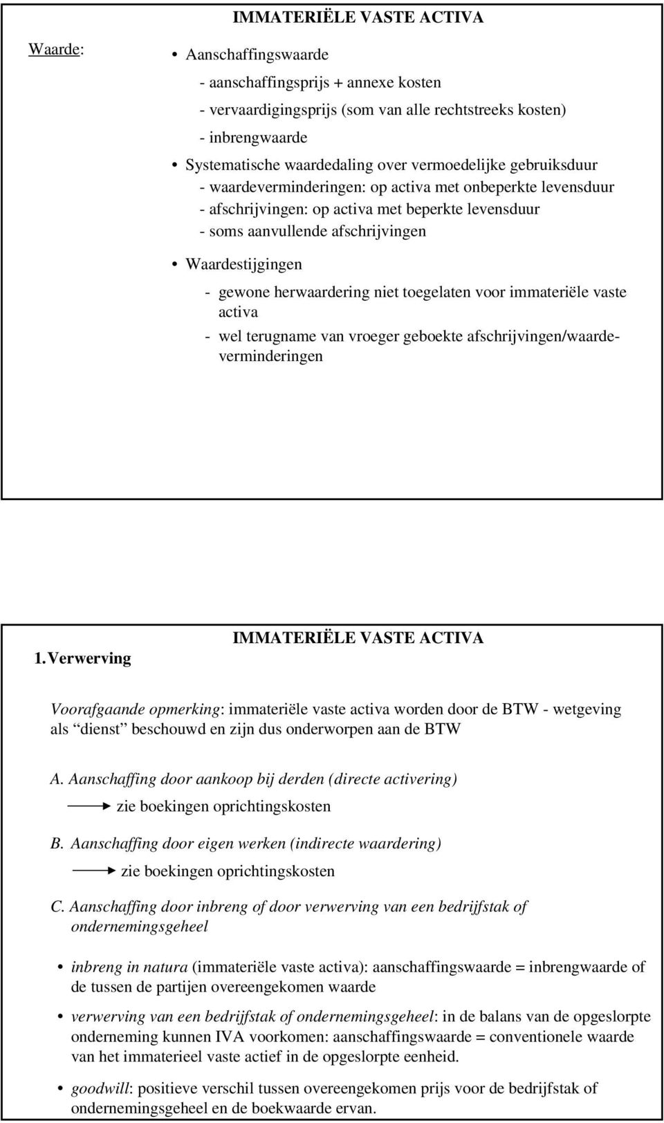 herwaardering niet toegelaten voor immateriële vaste activa - wel terugname van vroeger geboekte afschrijvingen/waardeverminderingen 1.