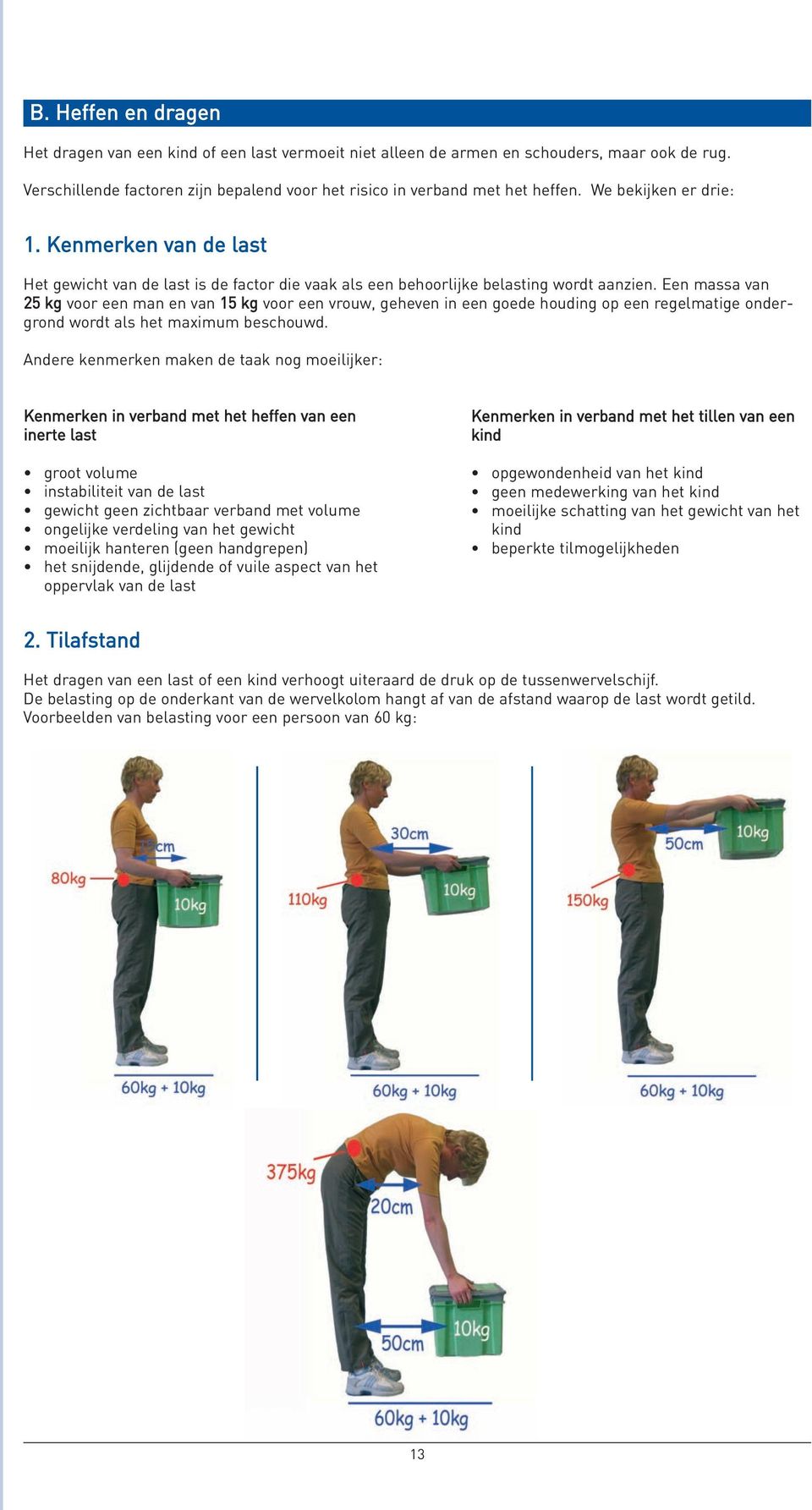 Een massa van 25 kg voor een man en van 15 kg voor een vrouw, geheven in een goede houding op een regelmatige ondergrond wordt als het maximum beschouwd.