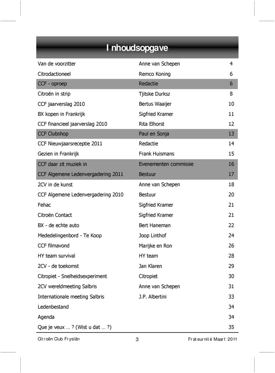 muziek in Evenementen commissie 16 CCF Algemene Ledenvergadering 2011 Bestuur 17 2CV in de kunst Anne van Schepen 18 CCF Algemene Ledenvergadering 2010 Bestuur 20 Fehac Sigfried Kramer 21 Citroën