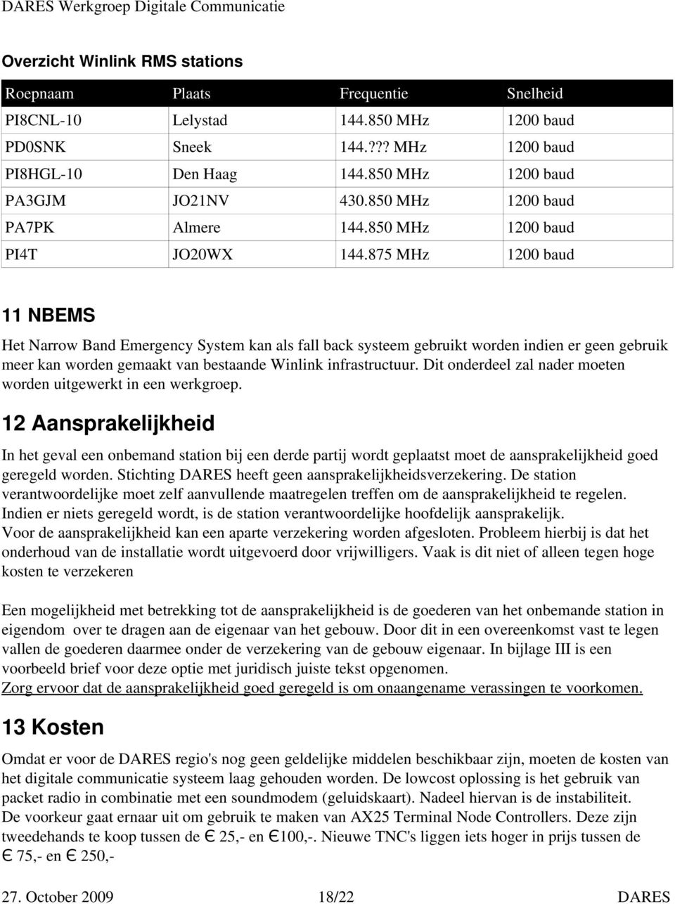 875 MHz 1200 baud 11 NBEMS Het Narrow Band Emergency System kan als fall back systeem gebruikt worden indien er geen gebruik meer kan worden gemaakt van bestaande Winlink infrastructuur.