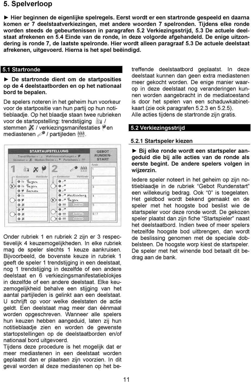 De enige uitzondering is ronde 7, de laatste spelronde. Hier wordt alleen paragraaf 5.3 De actuele deelstaat afrekenen, uitgevoerd. Hierna is het spel beëindigd. 5.1 Startronde De startronde dient om de startposities op de 4 deelstaatborden en op het nationaal bord te bepalen.