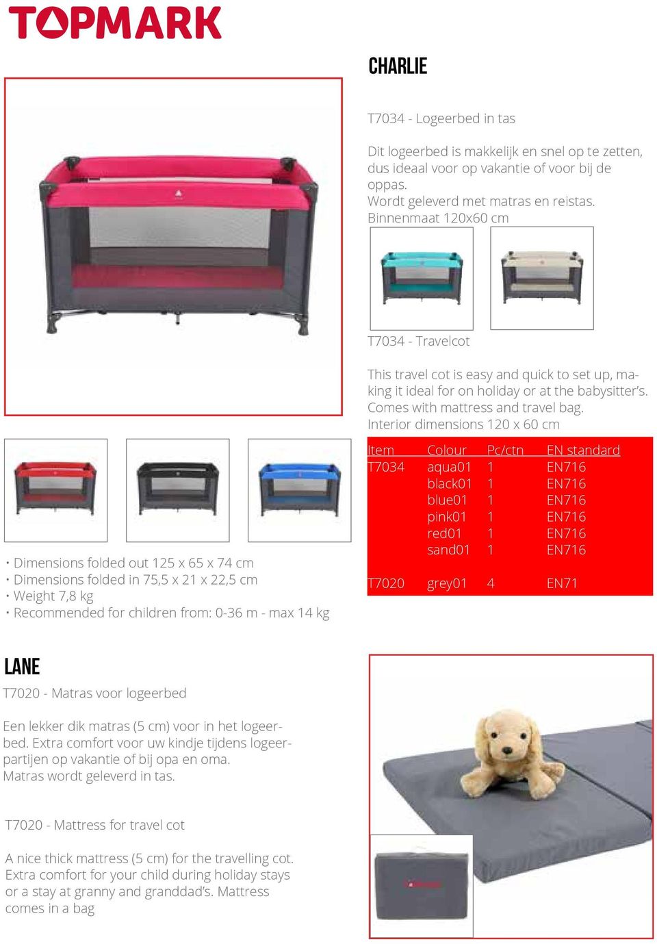 Interior dimensions 120 x 60 cm Dimensions folded out 125 x 65 x 74 cm Dimensions folded in 75,5 x 21 x 22,5 cm Weight 7,8 kg Recommended for children from: 0-36 m - max 14 kg T7034 aqua01 1 EN716