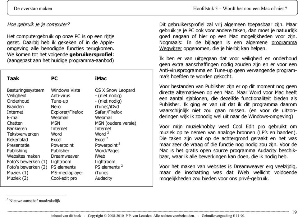 We komen tot het volgende gebruikersprofiel: (aangepast aan het huidige programma-aanbod) Taak PC imac Besturingssysteem Windows Vista OS X Snow Leopard Veiligheid Anti-virus - (niet nodig) Onderhoud