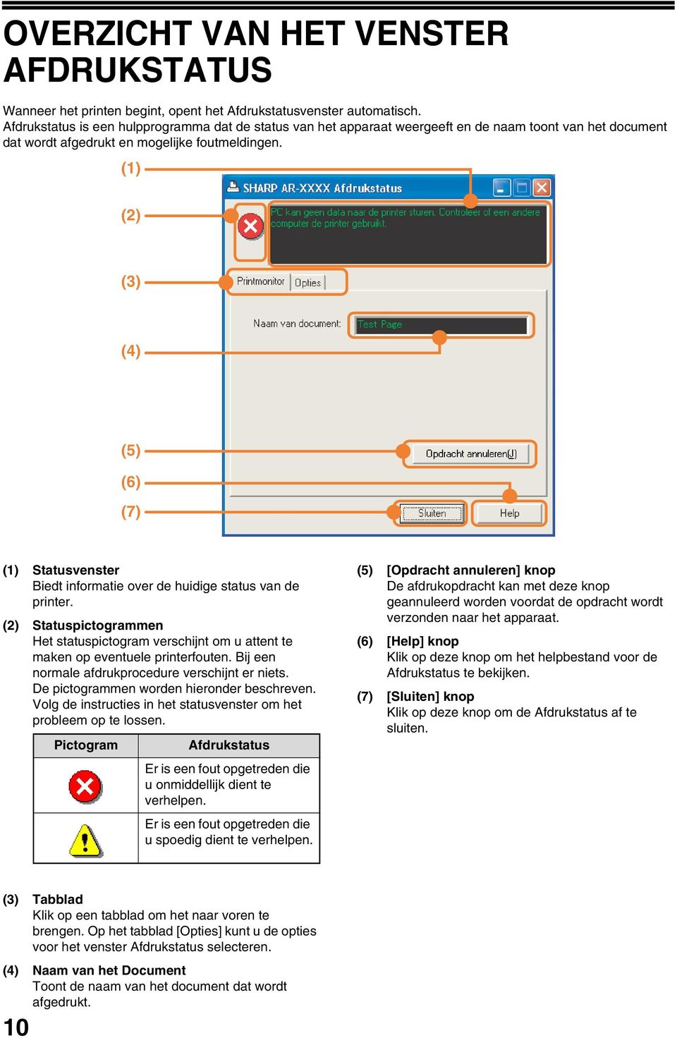 (1) (2) () (4) (5) (6) (7) (1) Statusvenster Biedt informatie over de huidige status van de printer.