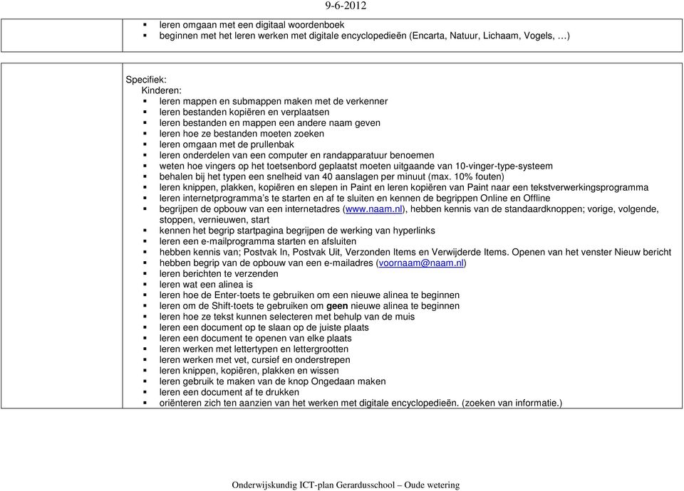 en randapparatuur benoemen weten hoe vingers op het toetsenbord geplaatst moeten uitgaande van 10-vinger-type-systeem behalen bij het typen een snelheid van 40 aanslagen per minuut (max.