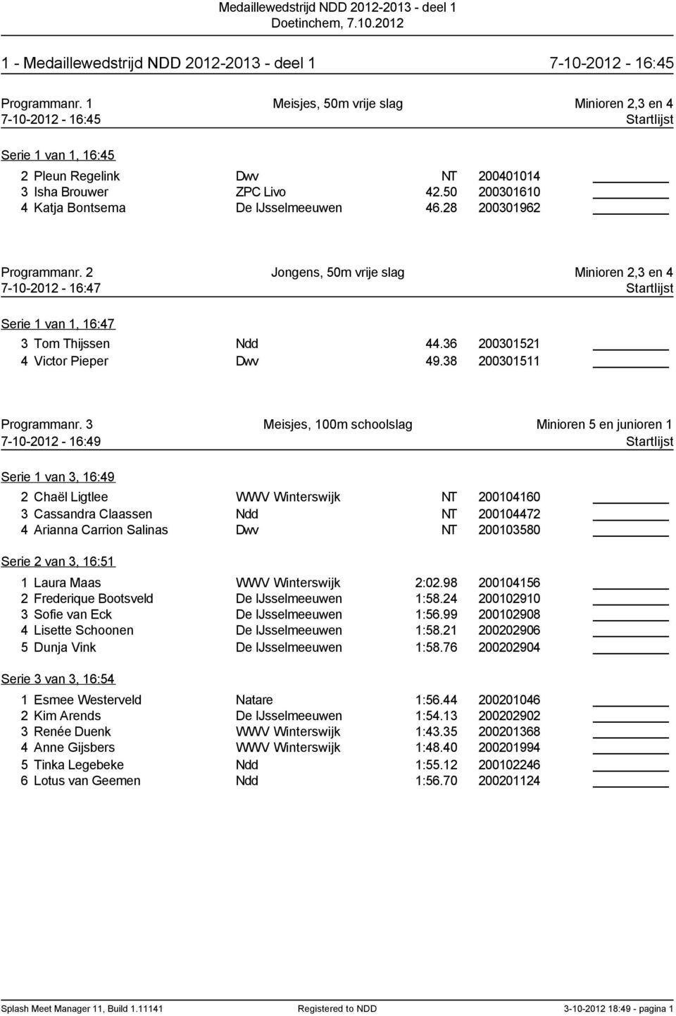 50 200301610 4 Katja Bontsema De IJsselmeeuwen 46.28 200301962 Programmanr. 2 Jongens, 50m vrije slag Minioren 2,3 en 4 7-10-2012-16:47 Startlijst Serie 1 van 1, 16:47 3 Tom Thijssen Ndd 44.