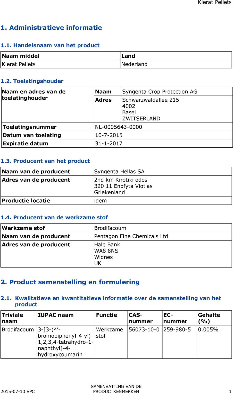 Expiratie datum 31-1-2017 1.3. Producent van het product Naam van de producent Adres van de producent Productie locatie Syngenta Hellas SA 2nd km Kirotiki odos 320 11 Enofyta Viotias Griekenland idem 1.