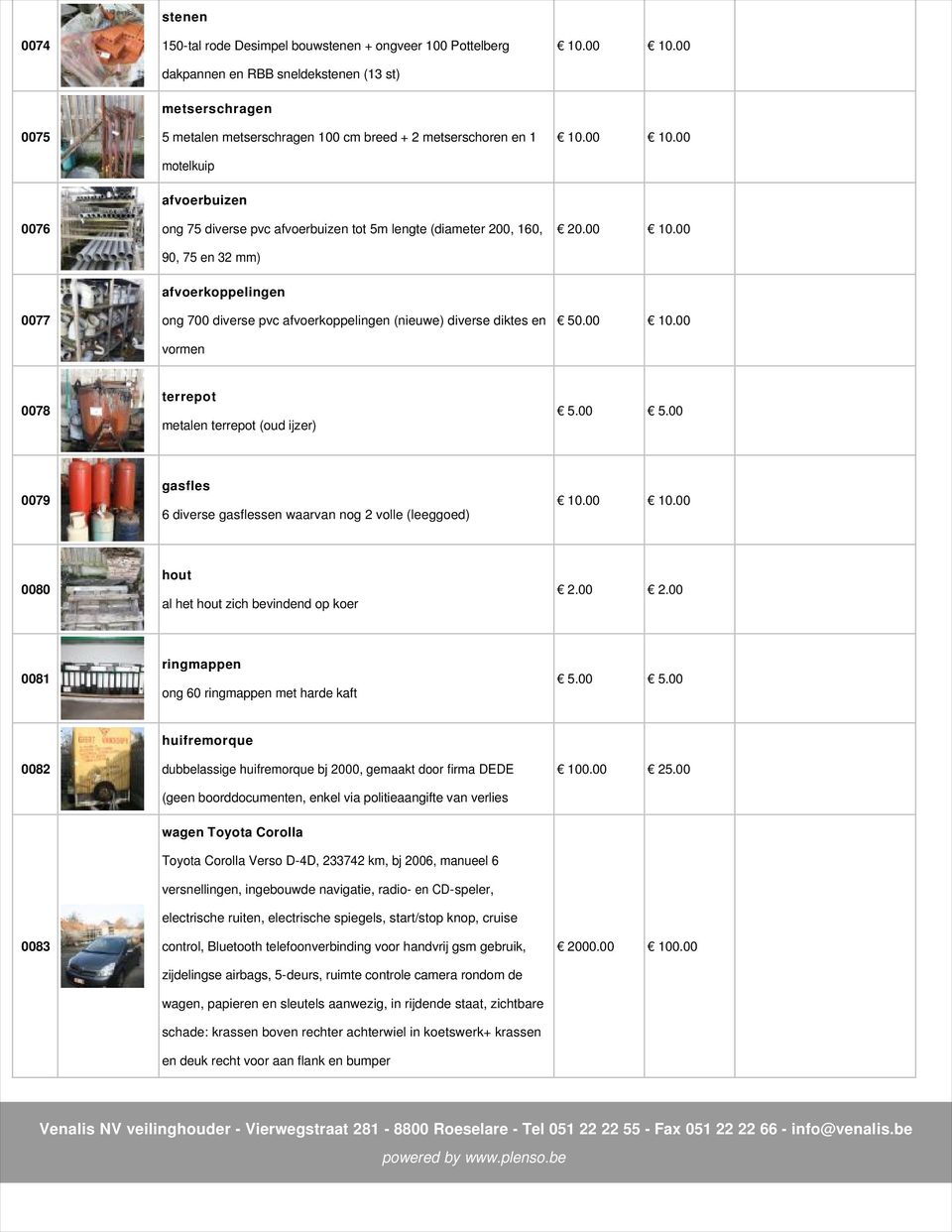 00 10.00 0078 terrepot metalen terrepot (oud ijzer) 0079 gasfles 6 diverse gasflessen waarvan nog 2 volle (leeggoed) 0080 hout al het hout zich bevindend op koer 2.00 2.