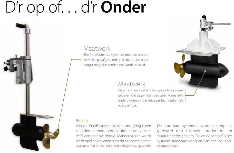 Ruimte Met de PodMaster elektrisch aandrijving is een traditioneel motor compartiment en soms is zelfs een roer overbodig.