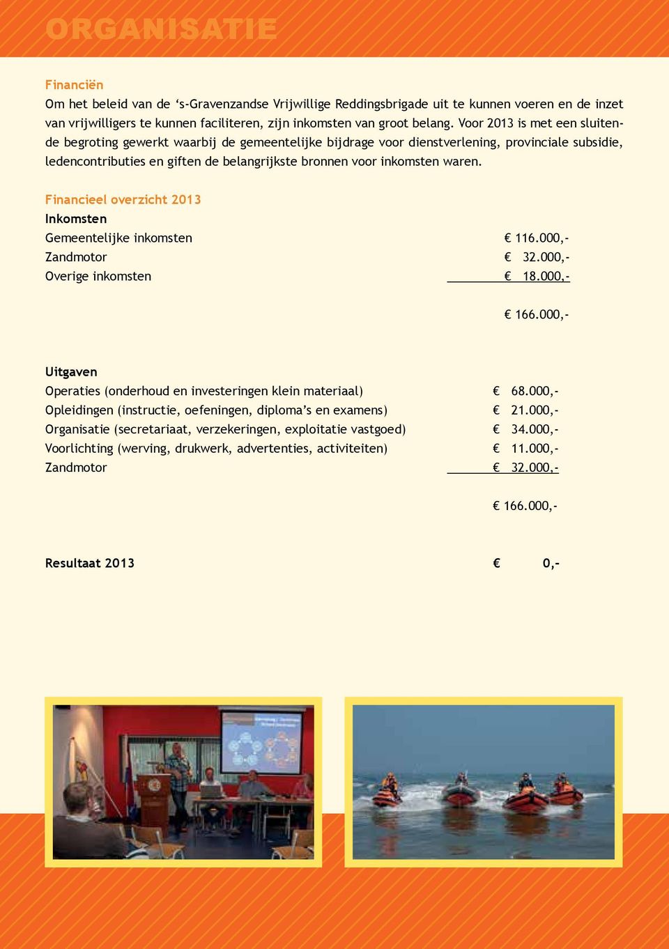 waren. Financieel overzicht 2013 Inkomsten Gemeentelijke inkomsten 116.000,- Zandmotor 32.000,- Overige inkomsten 18.000,- 166.000,- Uitgaven Operaties (onderhoud en investeringen klein materiaal) 68.