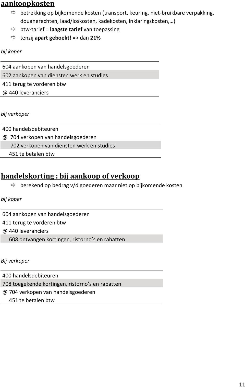 => dan 21% bij koper 604 aankopen van handelsgoederen 602 aankopen van diensten werk en studies 411 terug te vorderen btw @ 440 leveranciers bij verkoper 400 handelsdebiteuren @ 704 verkopen van