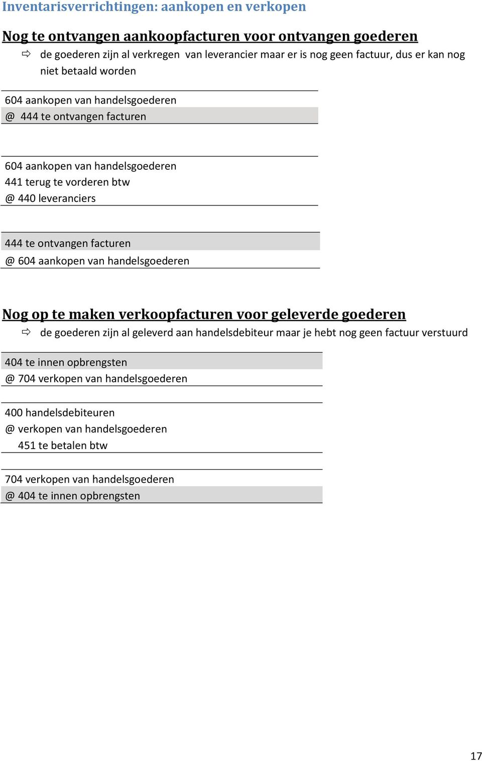 facturen @ 604 aankopen van handelsgoederen Nog op te maken verkoopfacturen voor geleverde goederen de goederen zijn al geleverd aan handelsdebiteur maar je hebt nog geen factuur